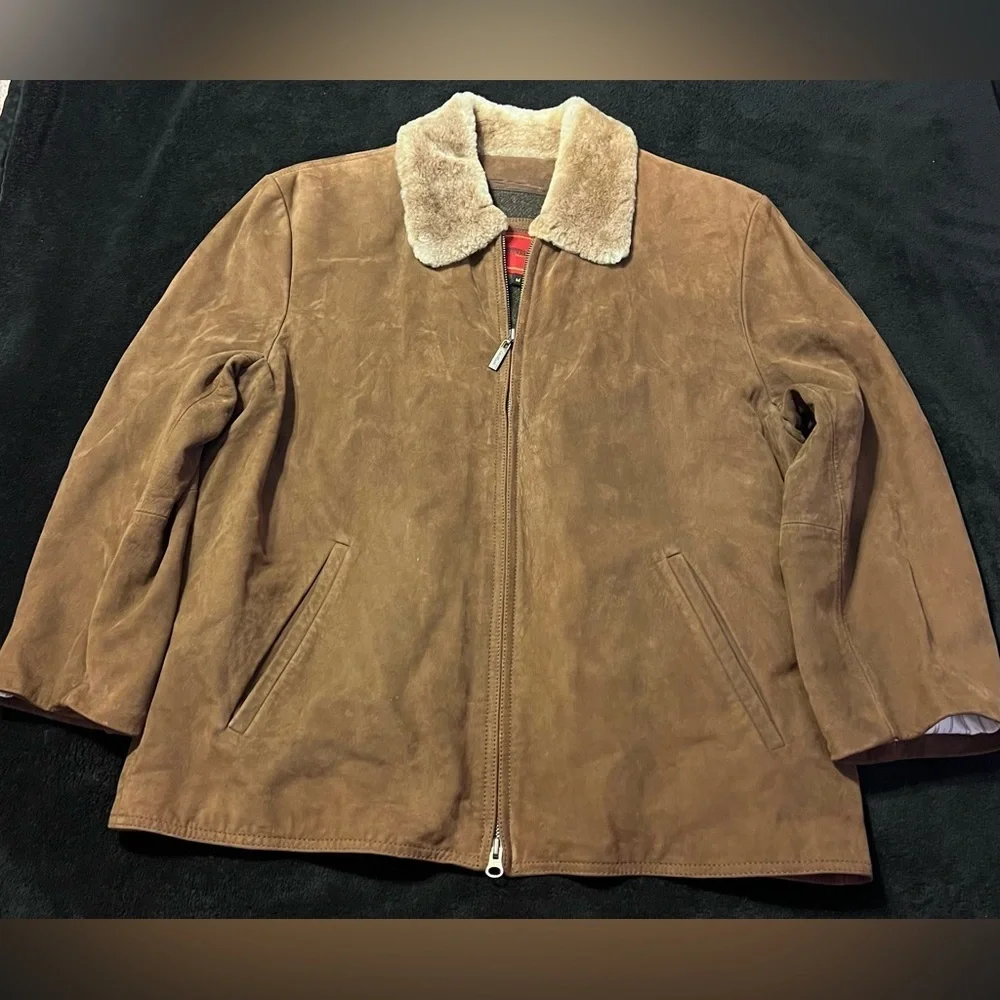 EUC Cole Haan Brown Suede Bomber Jacket/Car Coat Zip out Wool Liner